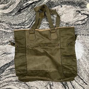 Neiman Marcus Green Faux Suede Tote Bag Cinch Sack Purse Side Pockets Drawstring